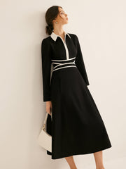 Contrast Piping Long Sleeve Lapel Dress