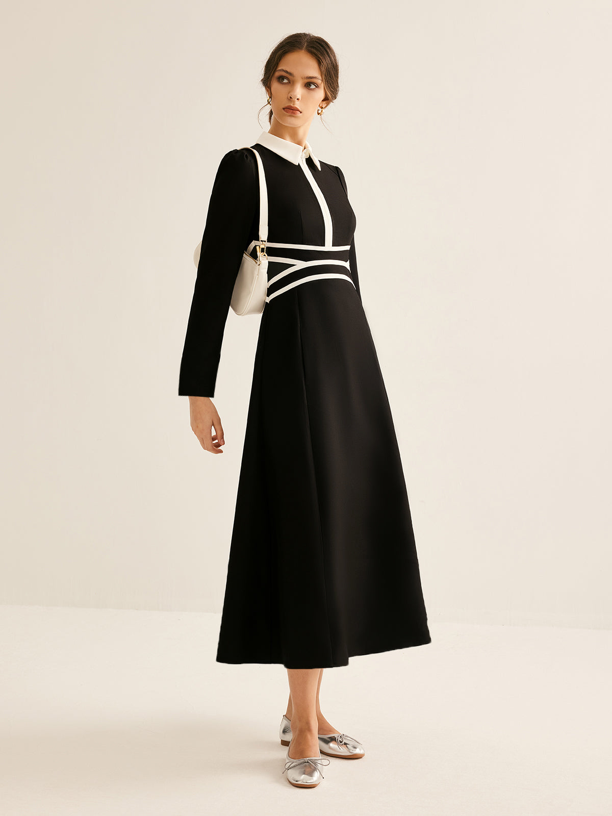 Contrast Piping Long Sleeve Lapel Dress