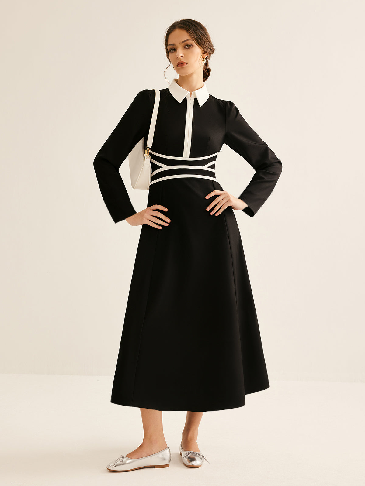 Contrast Piping Long Sleeve Lapel Dress