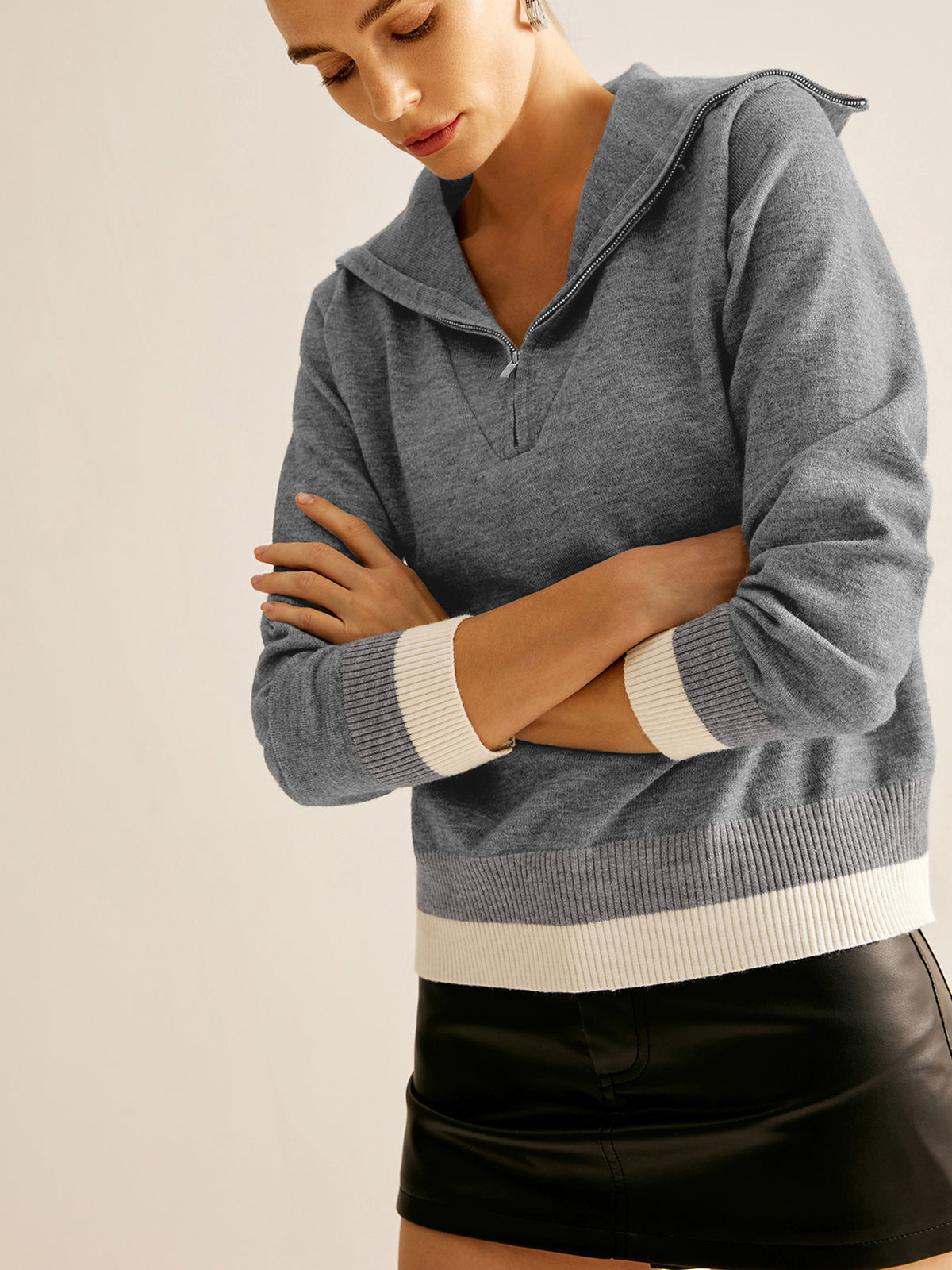 Cotton Zipper Contrast Trim Sweater