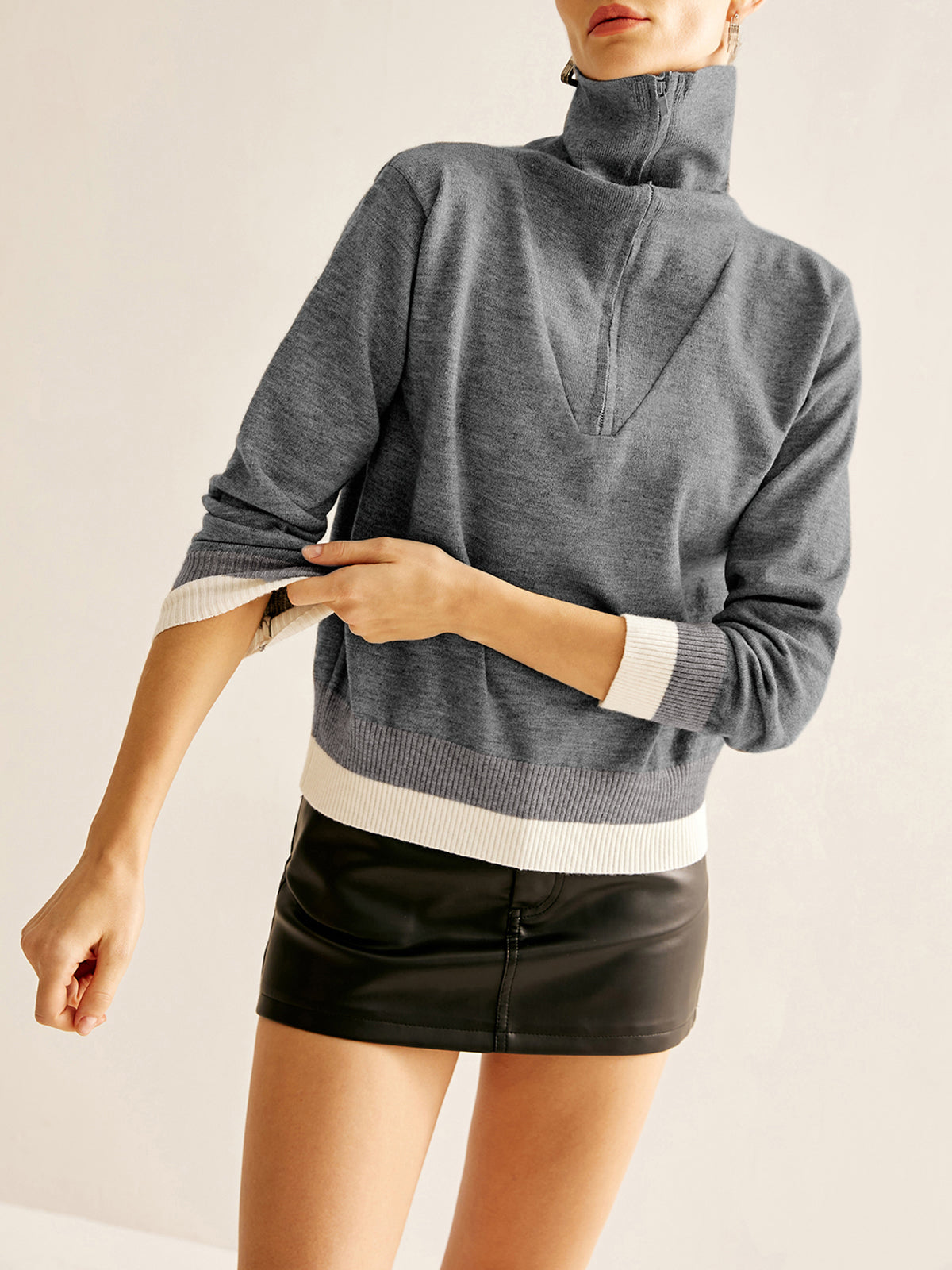 Cotton Zipper Contrast Trim Sweater