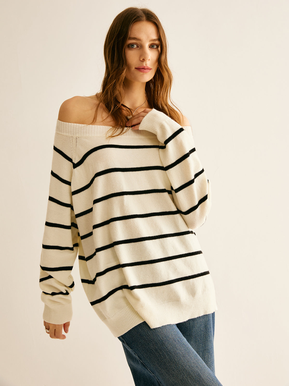 Off Shoulder Striped Pullover Sweater