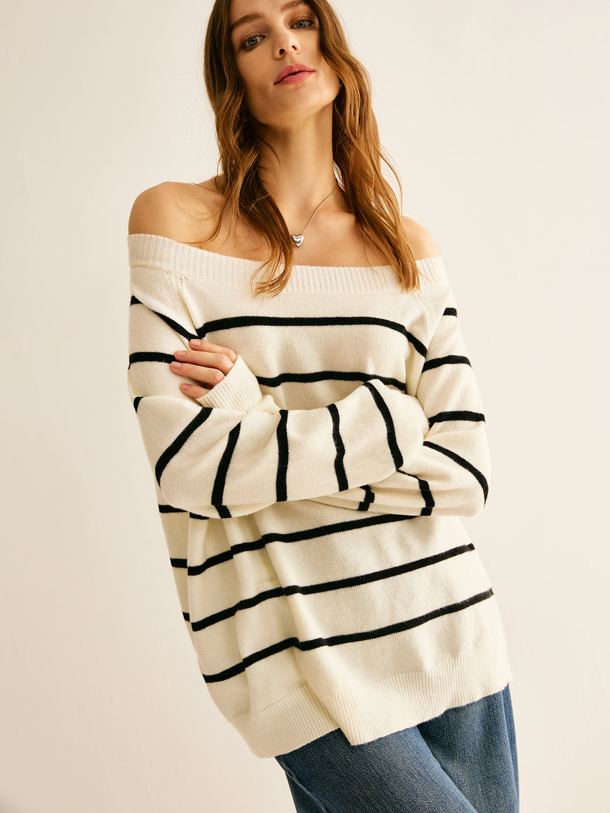 Off Shoulder Striped Pullover Sweater