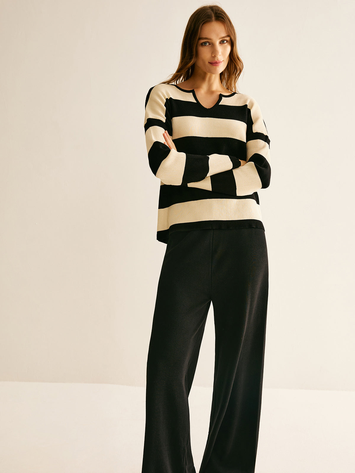 Striped Sweater With Plain Pants Set