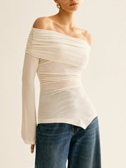 Asymmetrical Ruched Off Shoulder T-Shirt