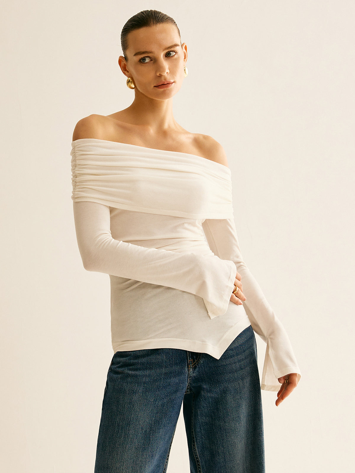 Asymmetrical Ruched Off Shoulder T-Shirt