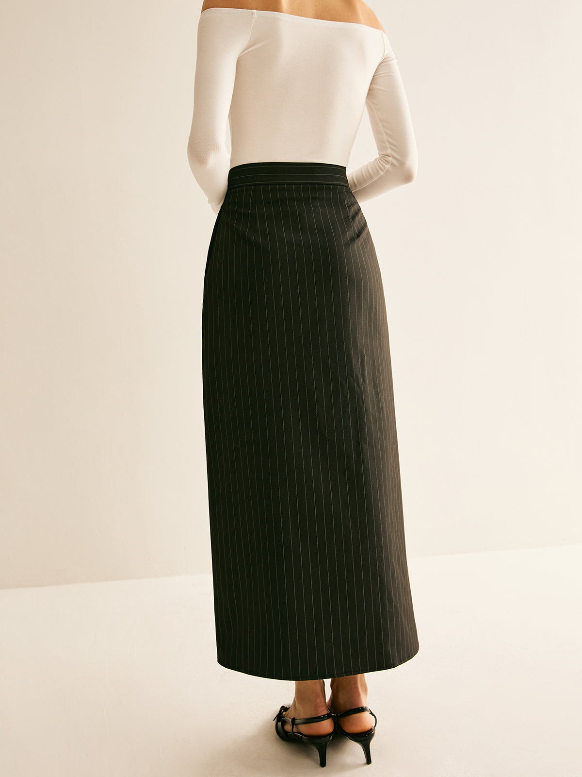 Pinstripe Side-Slit Midi Skirt