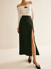 Pinstripe Side-Slit Midi Skirt