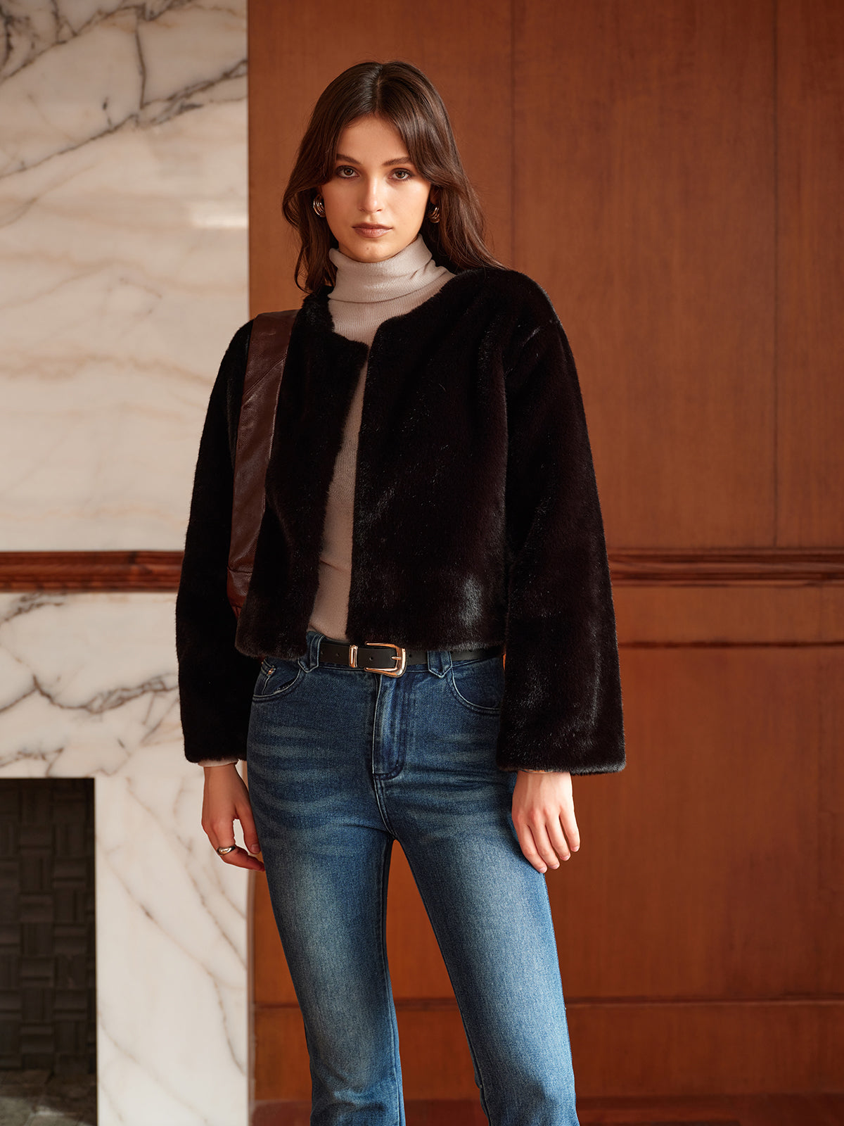 Round Neck Soft Faux Fur Coat