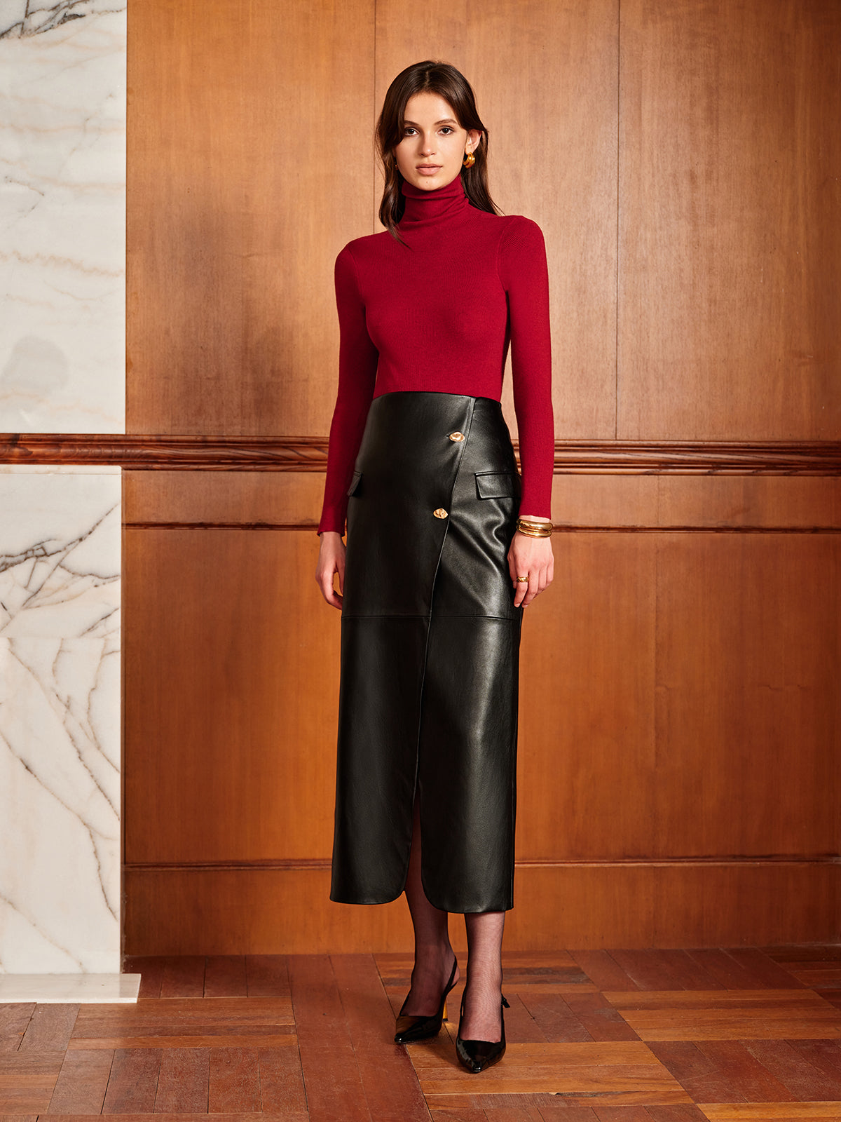 Slit PU Leather Straight Skirt