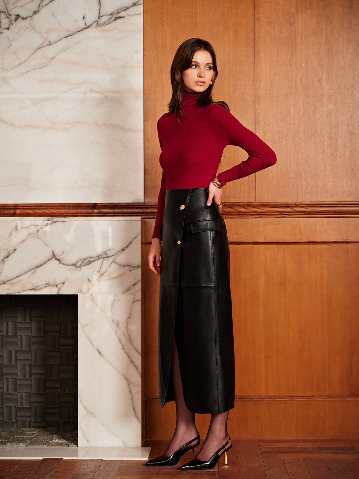 Slit PU Leather Straight Skirt