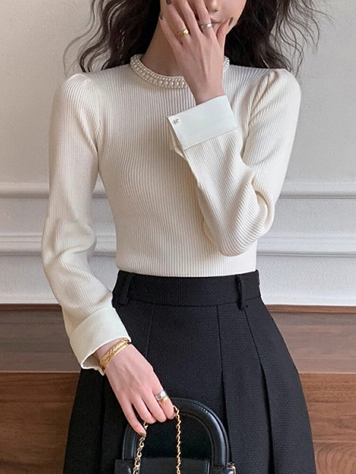 Contrast Trim Pearl-Detail Sweater