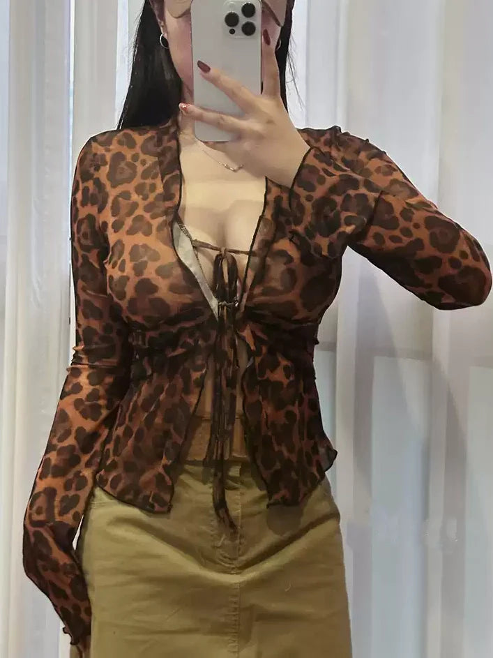 Leopard Print Semi-Sheer Ruffle V-neck Shirt