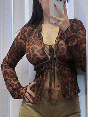 Leopard Print Semi-Sheer Ruffle V-neck Shirt