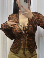 Leopard Print Semi-Sheer Ruffle V-neck Shirt