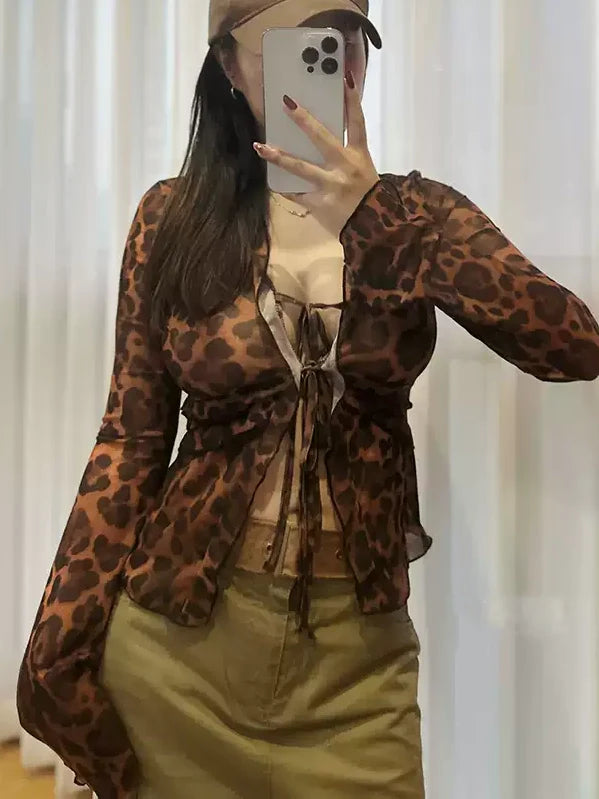 Leopard Print Semi-Sheer Ruffle V-neck Shirt