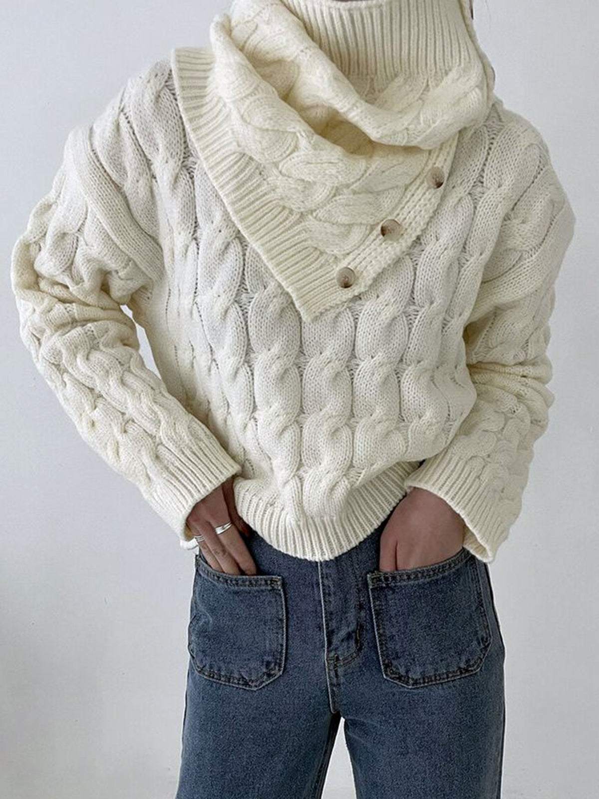 Cable Sweater With Button Scarf