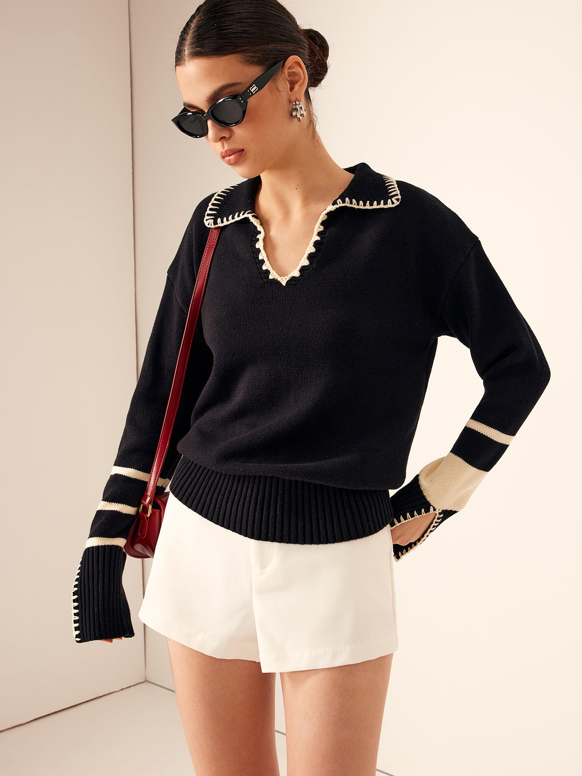 Contrast Striped Lapel Sweater