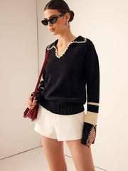 Contrast Striped Lapel Sweater