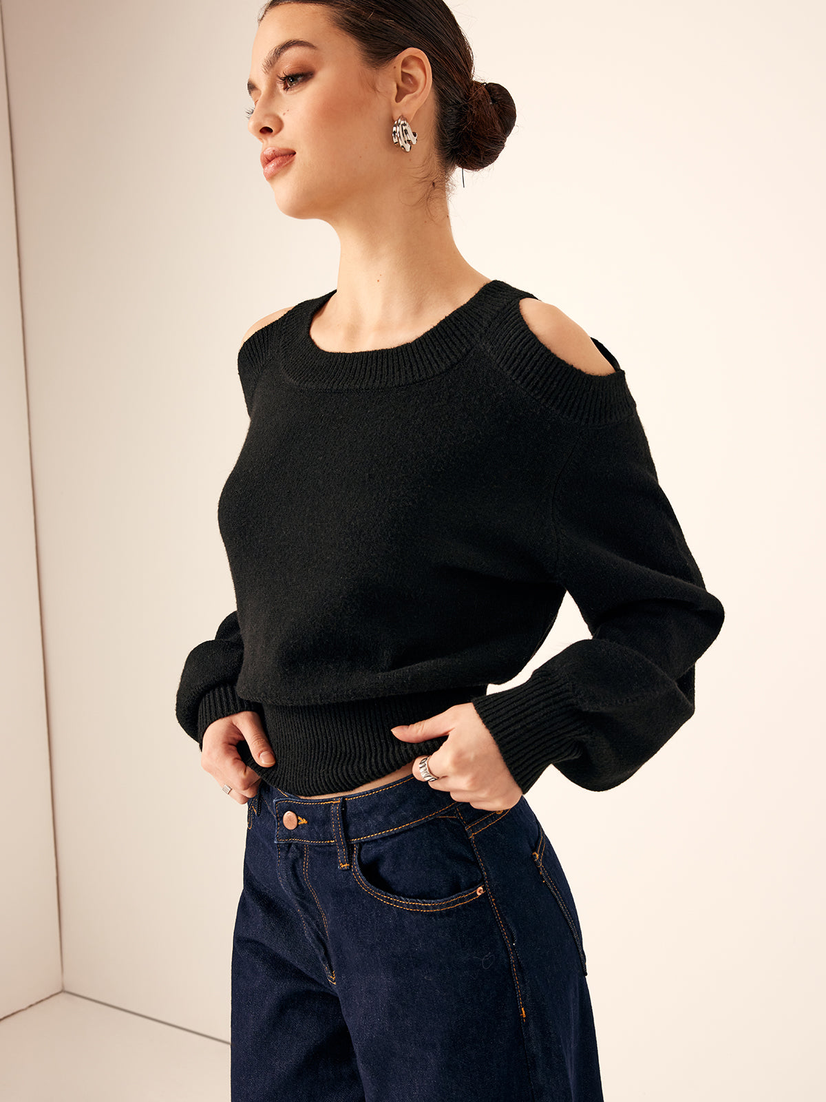 Plain Cutout Cinched Sweater