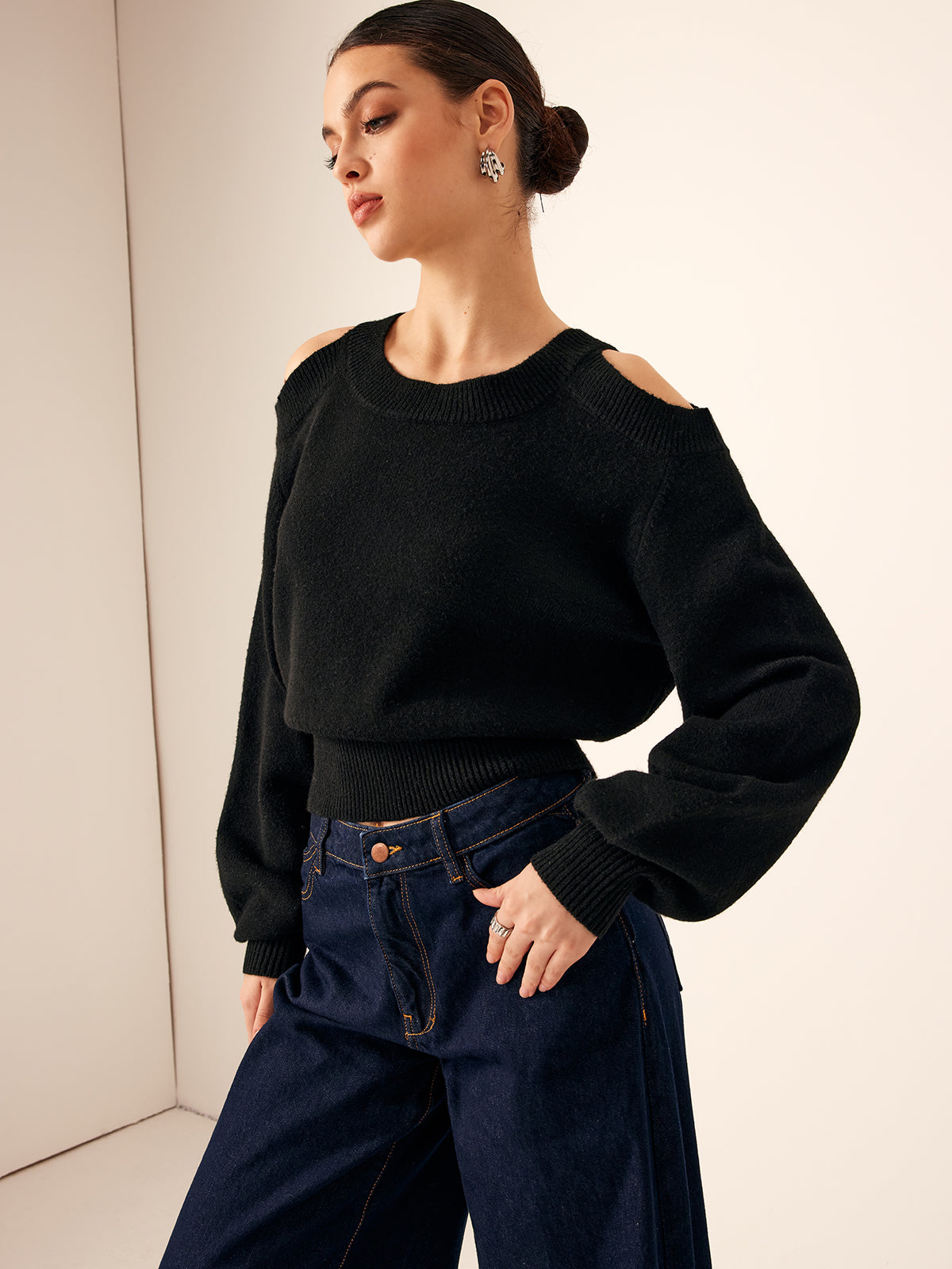 Plain Cutout Cinched Sweater