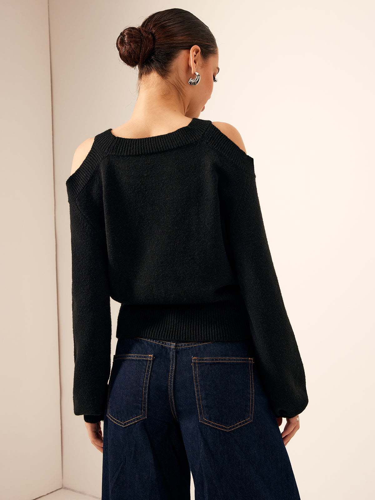 Plain Cutout Cinched Sweater