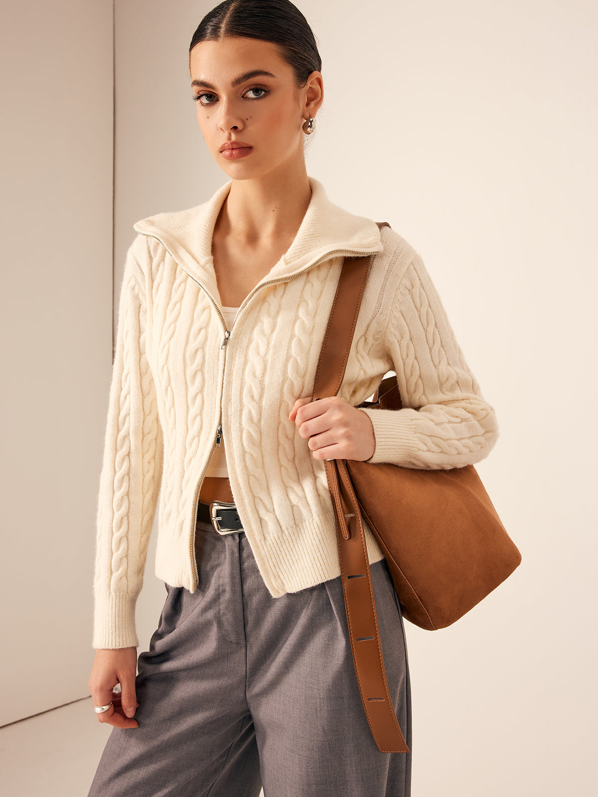 Two-Way Zipper Cable Knit Cardigan