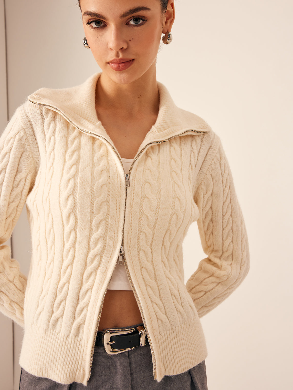 Two-Way Zipper Cable Knit Cardigan