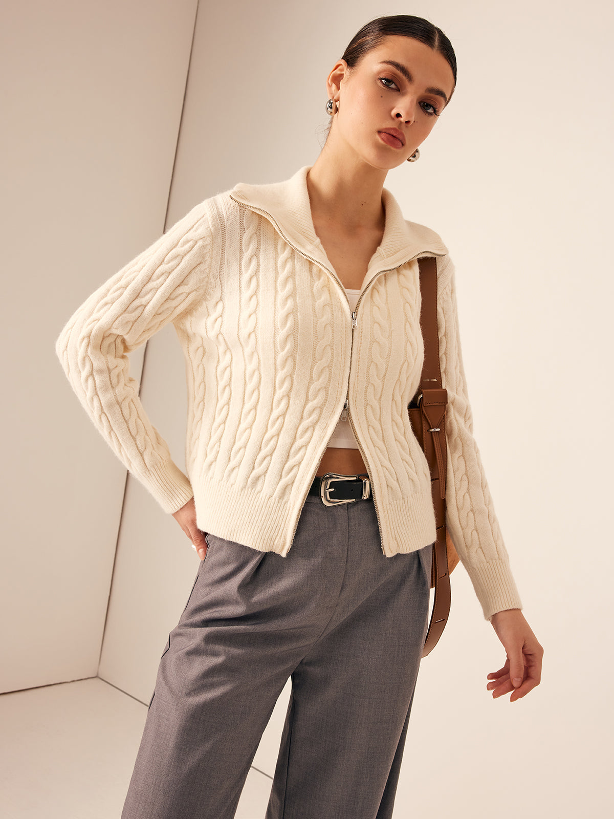 Two-Way Zipper Cable Knit Cardigan