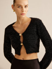 Button Fuzzy Crop Cardigan