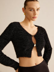 Button Fuzzy Crop Cardigan