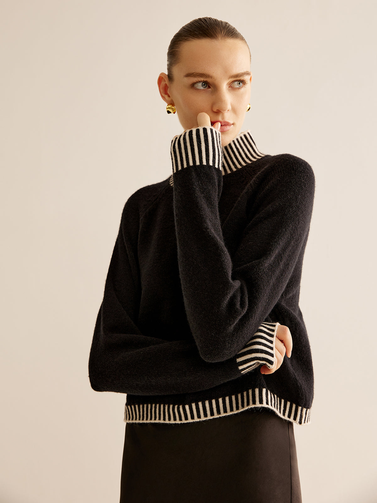 Mock Neck Contrast Pinstripe Sweater