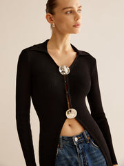 Glossy-Ring  Ribbed Slim Cardigan