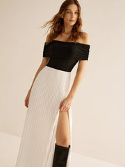 Off-Shoulder Panel Pleated Slit Dress