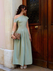 One Shoulder Pleated Split Long Dress