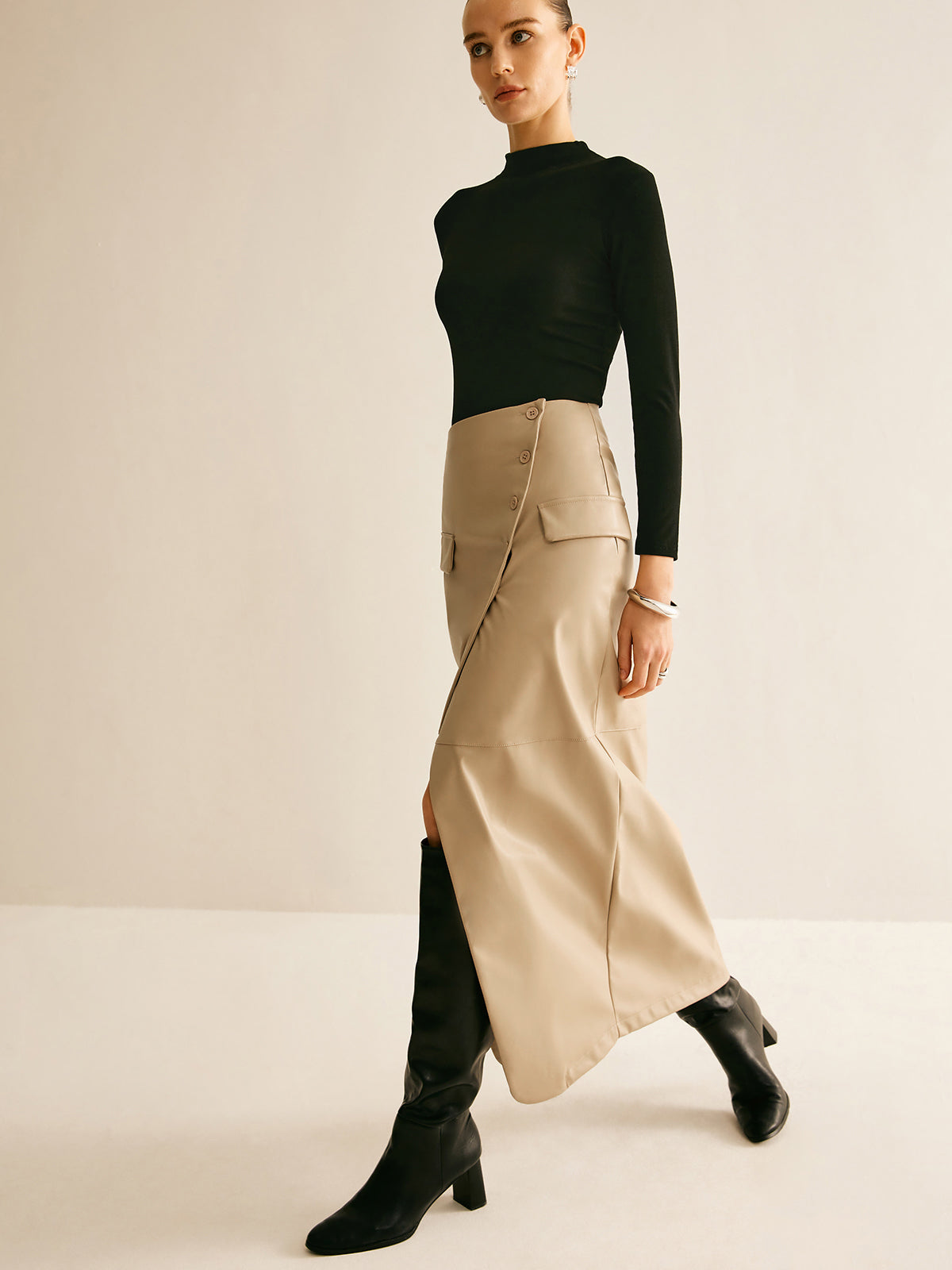 Asymmetrical Button Faux Leather Skirt