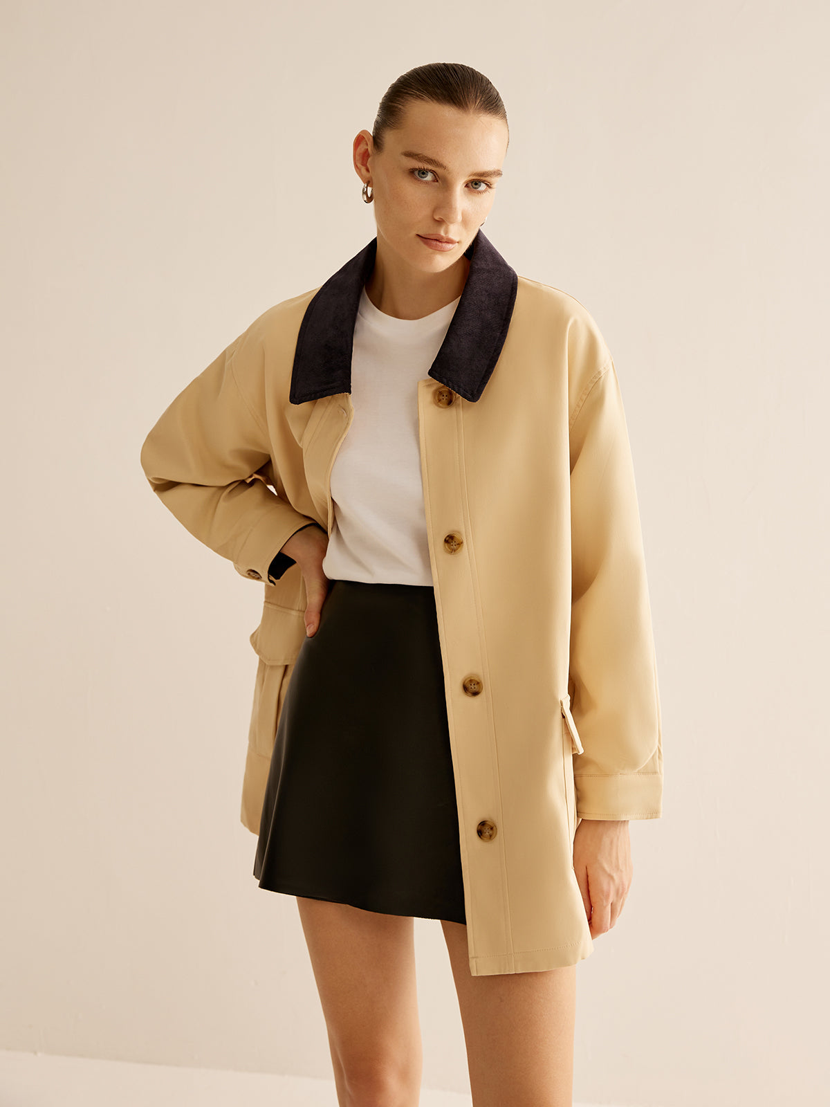 Cotton Contrast Collar Button Jacket