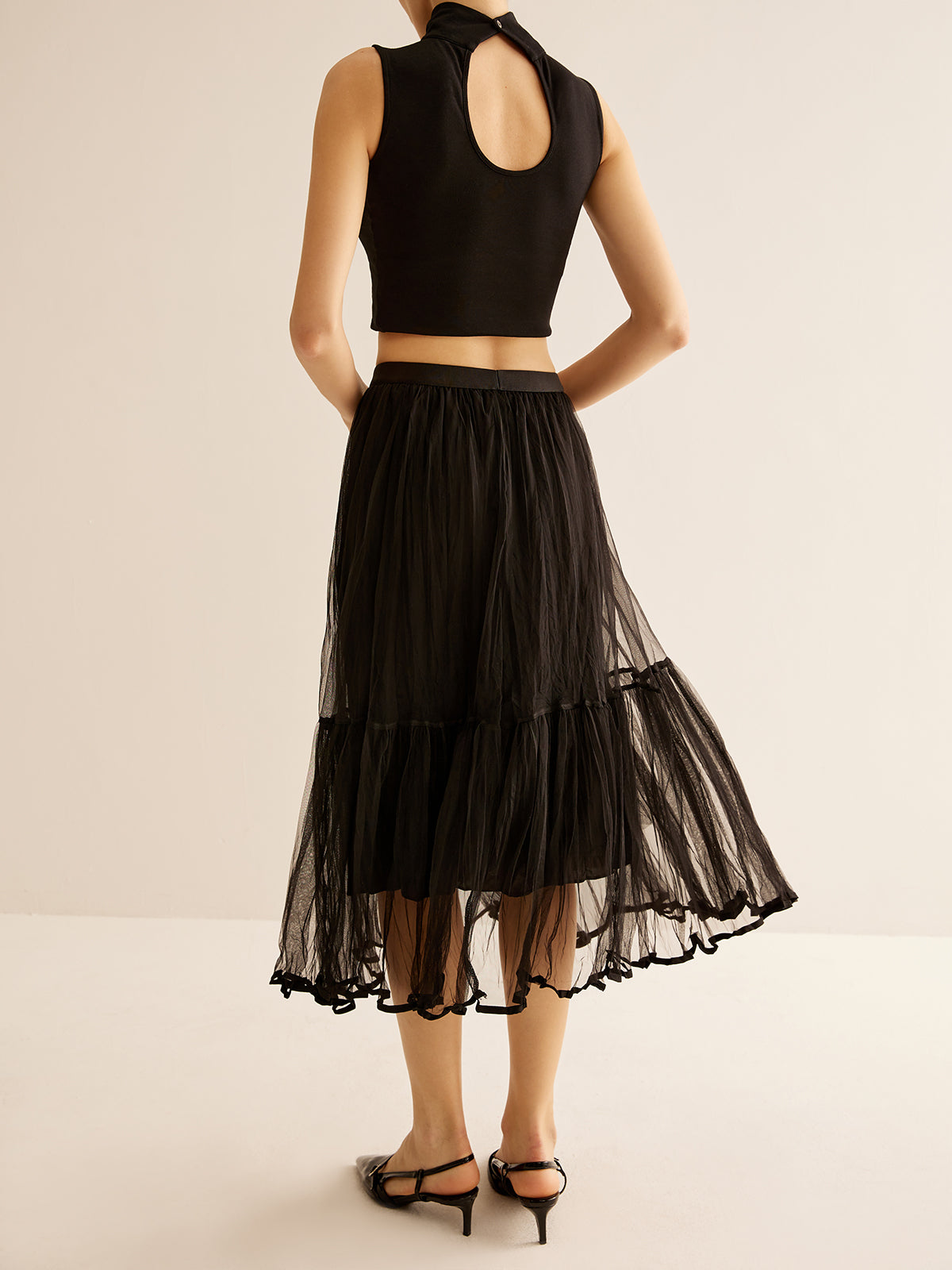 Tulle Ruffle Flowy Midi Skirt