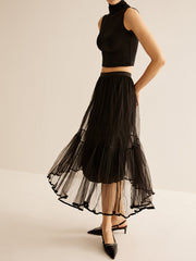 Tulle Ruffle Flowy Midi Skirt