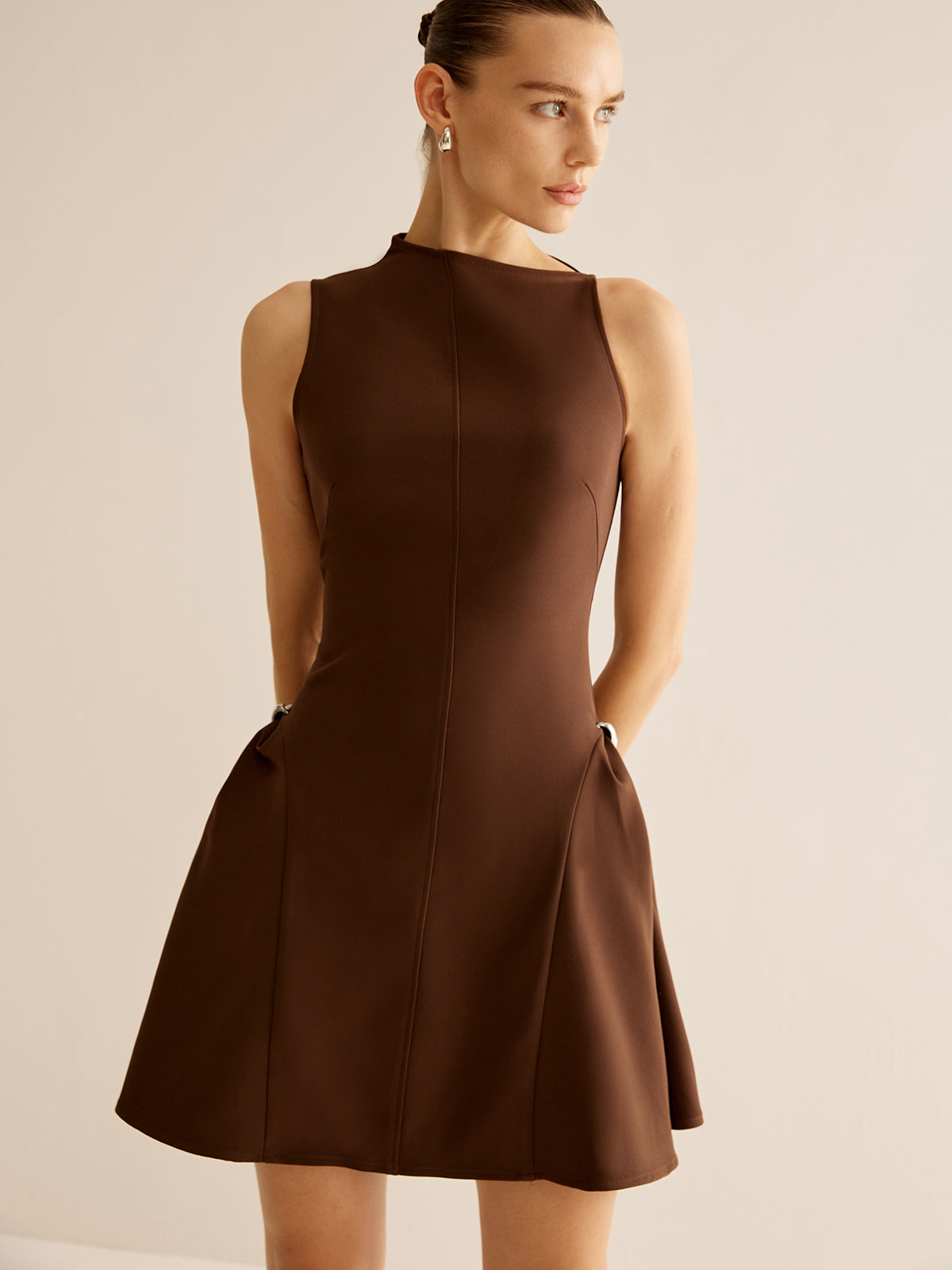 Asymmetrical Collar Panel Ruched Dress