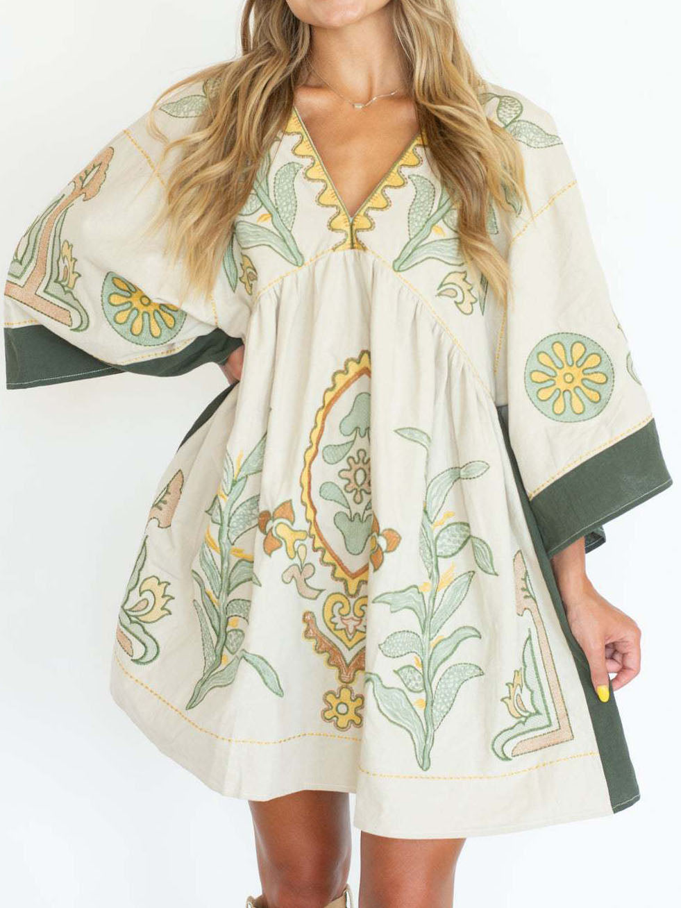 Boheme Embroidery Pleated Half-Sleeve Dress