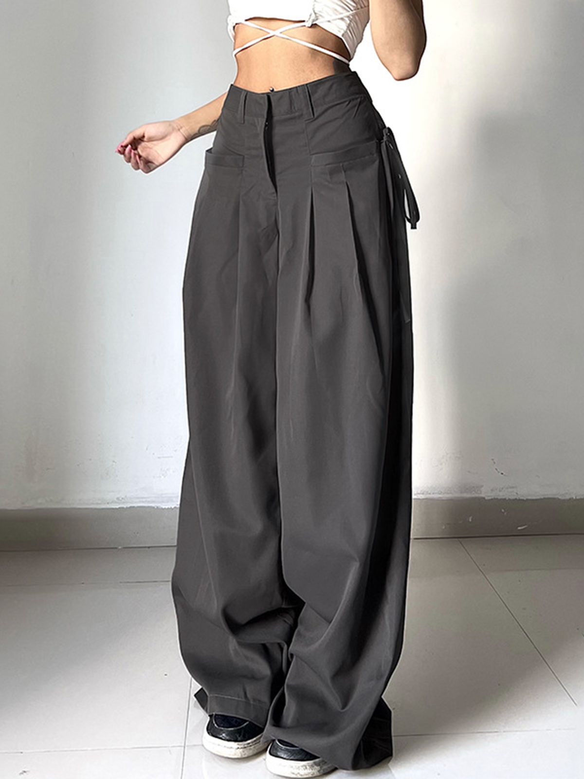 Knotted Pleated Wide-Leg Draped Pants