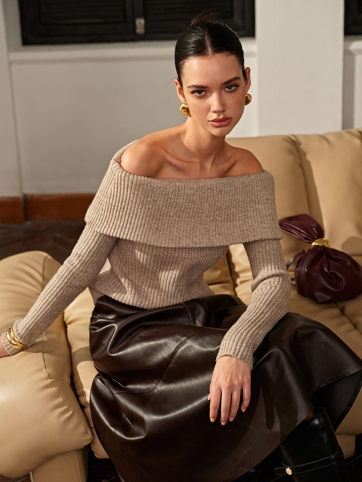 Plain Off-Shoulder Ribbed Sweater