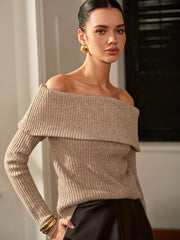 Plain Off-Shoulder Ribbed Sweater