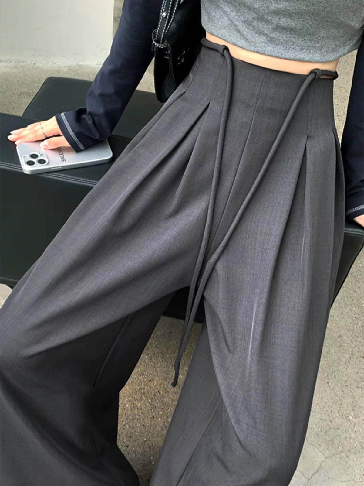 Rope-Belted Pleated Wide-Leg Pants