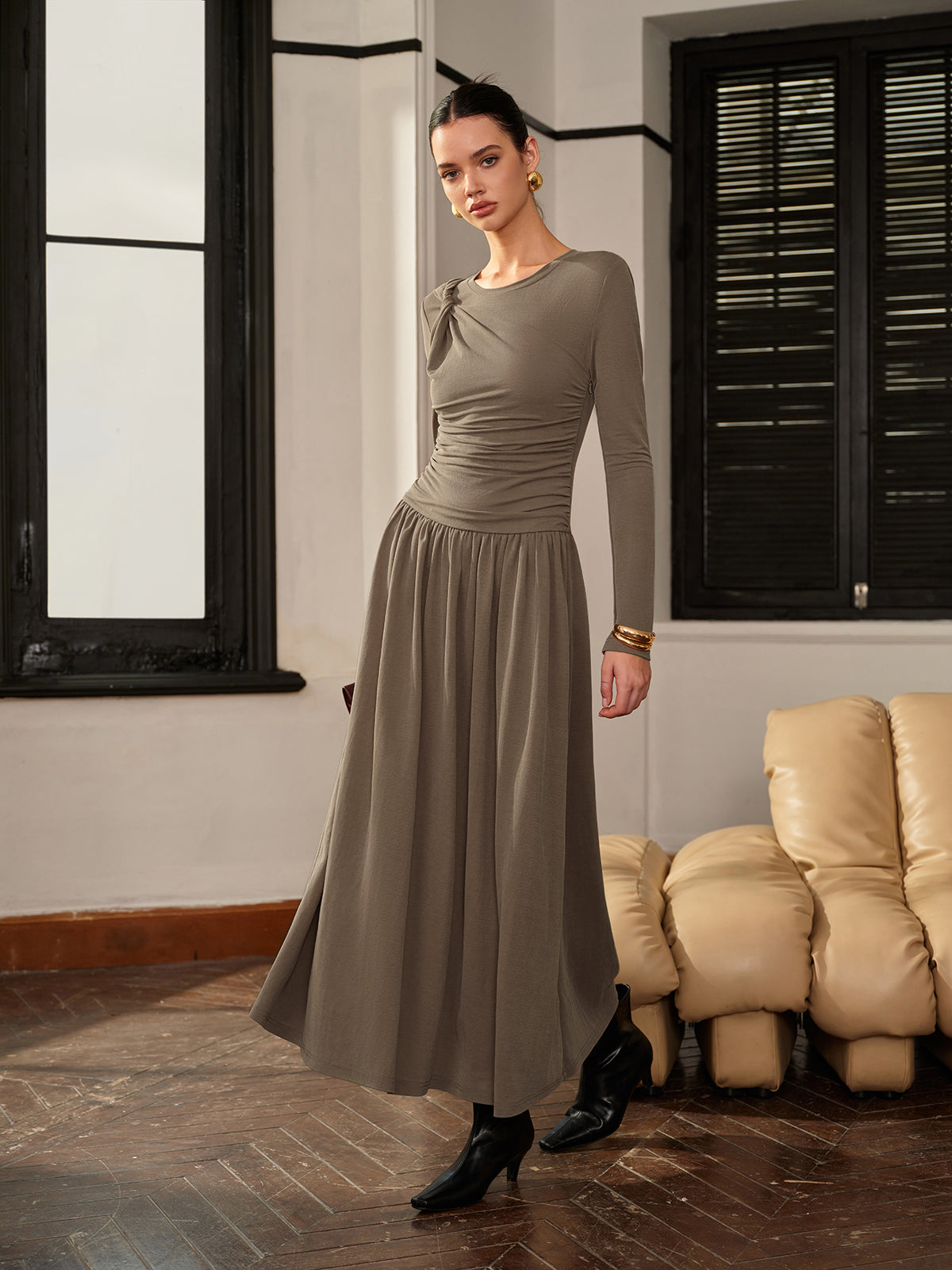 Knotted Pleated Jersey Dress