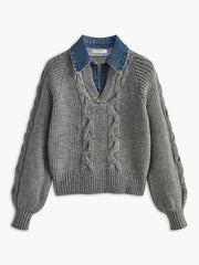 Denim Panel Ribbed Lapel Sweater