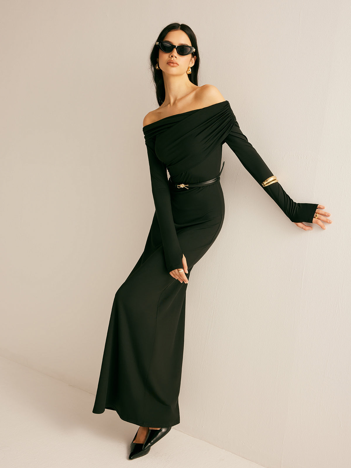 Modal Off-Shoulder Ruched Dress Without Belt