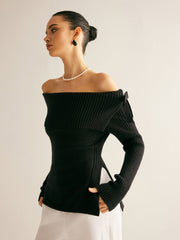 Off-Shoulder Ribbed Bow Slit Sweater