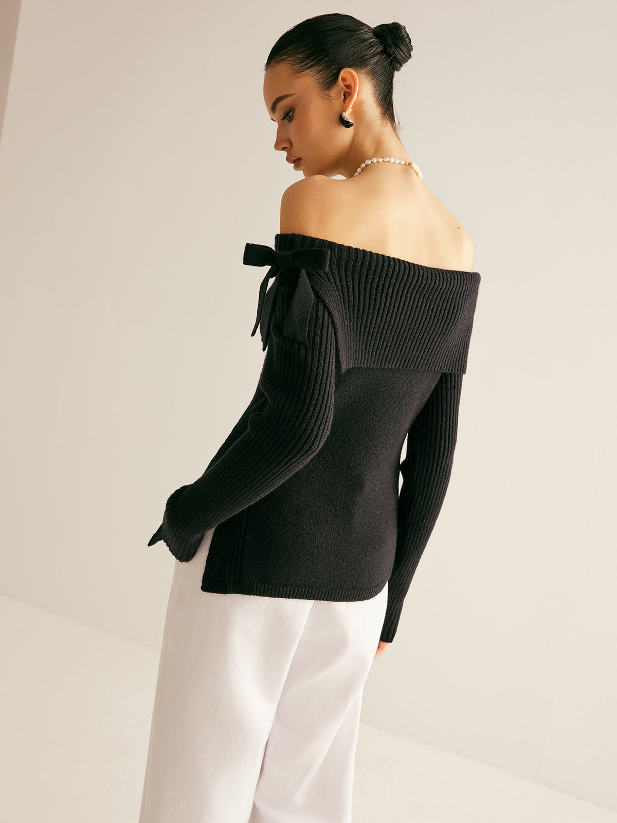 Off-Shoulder Ribbed Bow Slit Sweater